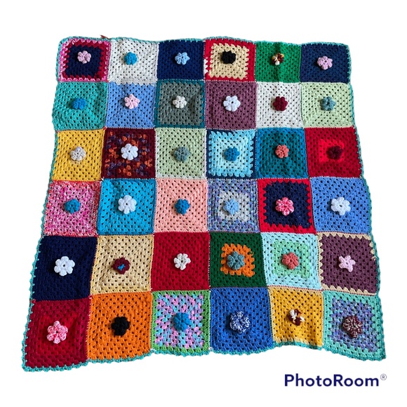 Handmade Other - 3D Floral Granny Square Blanket Rainbow 48"x46" Handmade Hand Knit Home Decor